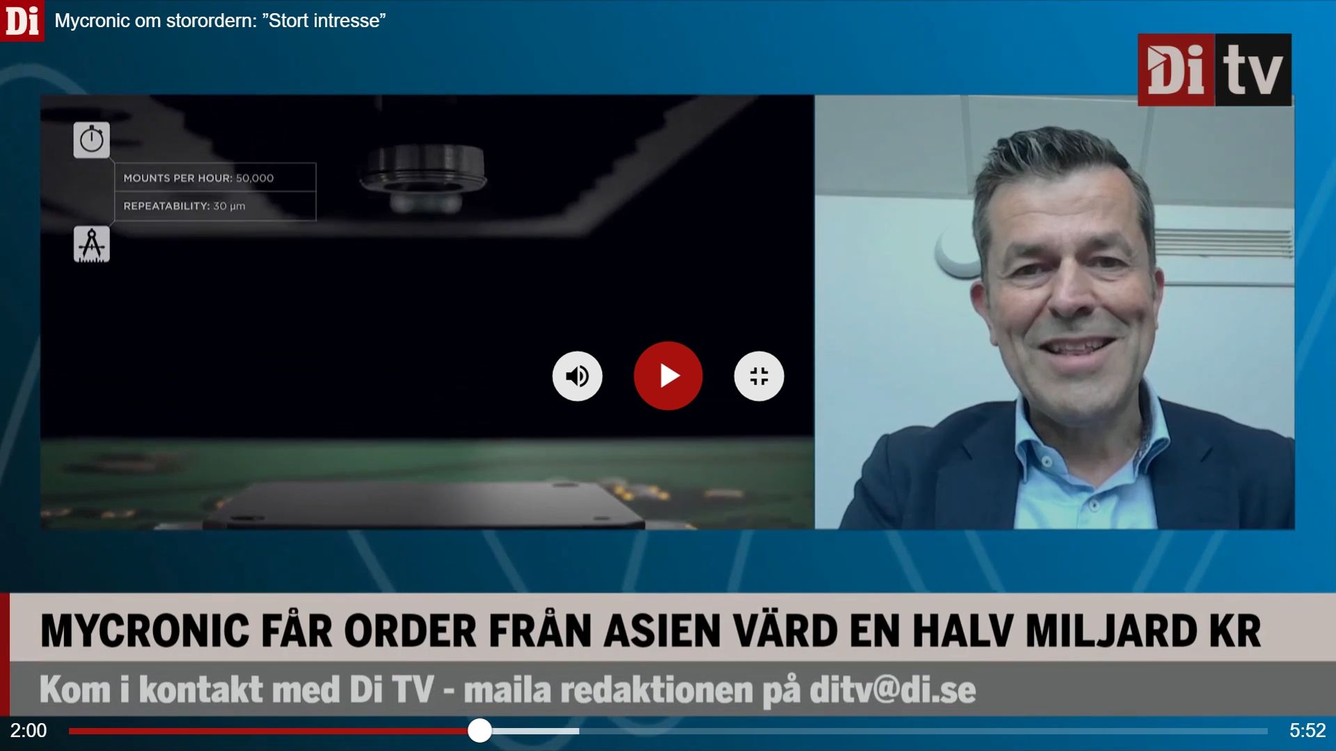 Screenshot from DiTV interview with Sven Chetkovich, Director Investor Relations Mycronic