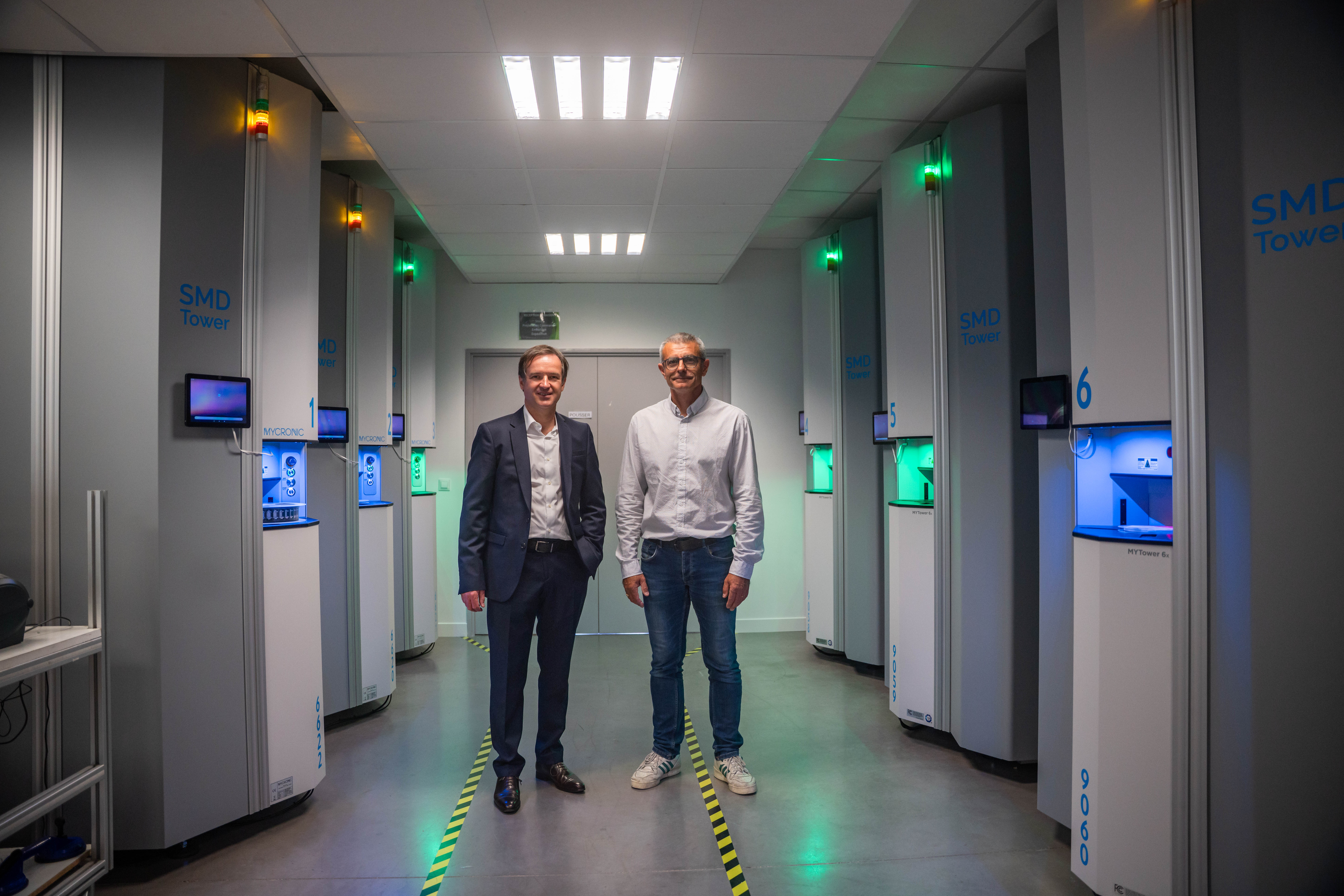 Six intelligent storage towers located near the SMT lines 